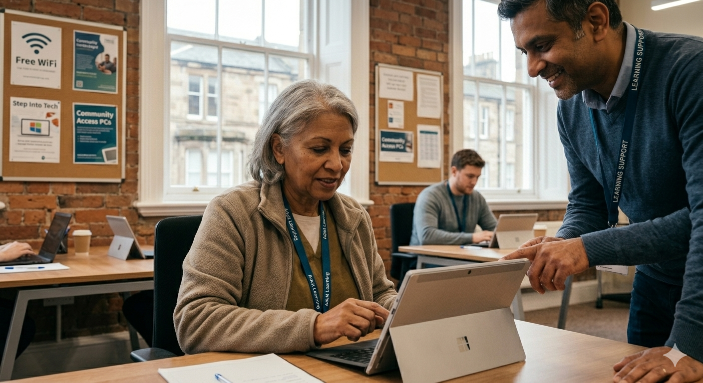 Adult learners with tablets or laptops in a community learning space—accessible digital education and facilitator support.