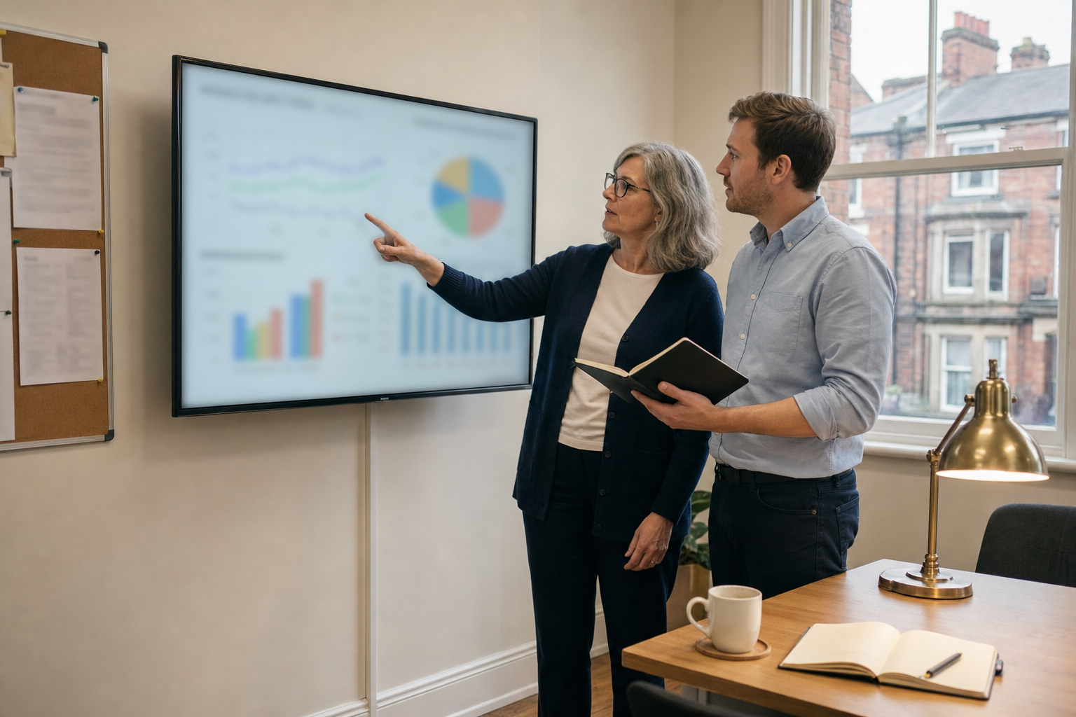 Two council colleagues reviewing an analytics dashboard on a wall screen in a calm north-west English civic office.