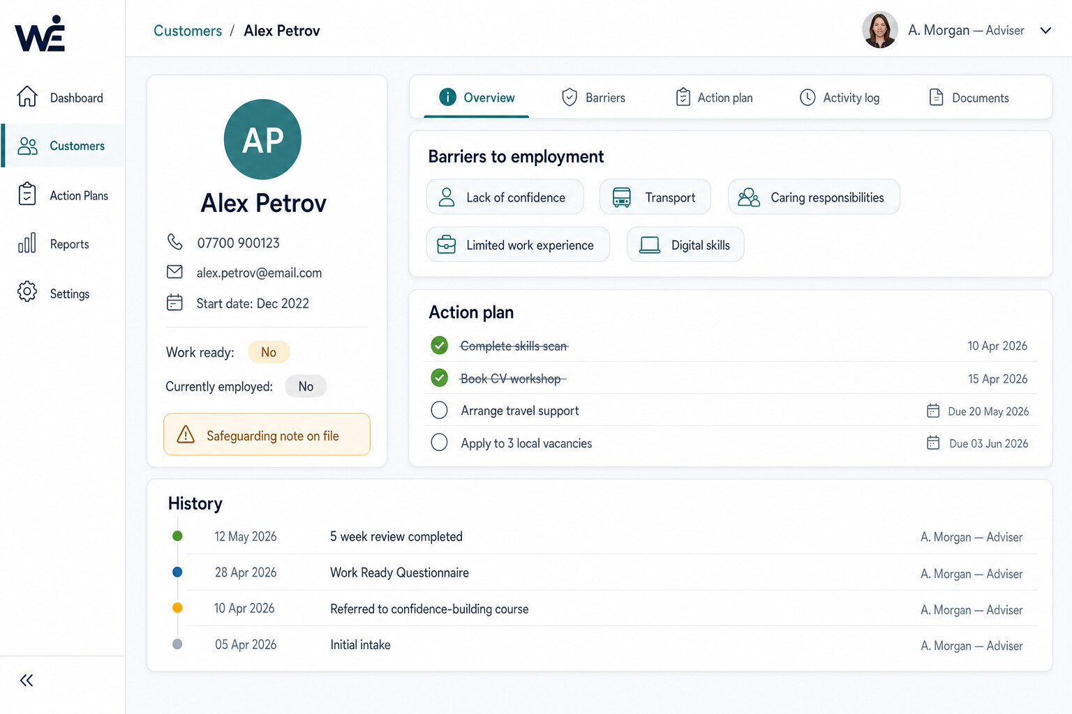 Work Zones customer record for one learner: a profile card with work-ready status and a safeguarding note, barriers-to-employment tags, an action-plan checklist, and a dated history timeline kept in one defensible record.