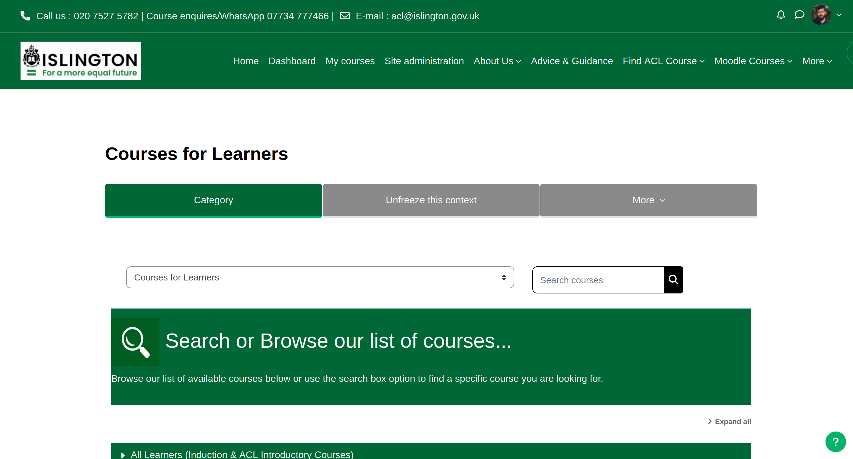Moodle Courses for Learners page with Islington green navigation, course category browse, and search banner for adult community learning programmes.