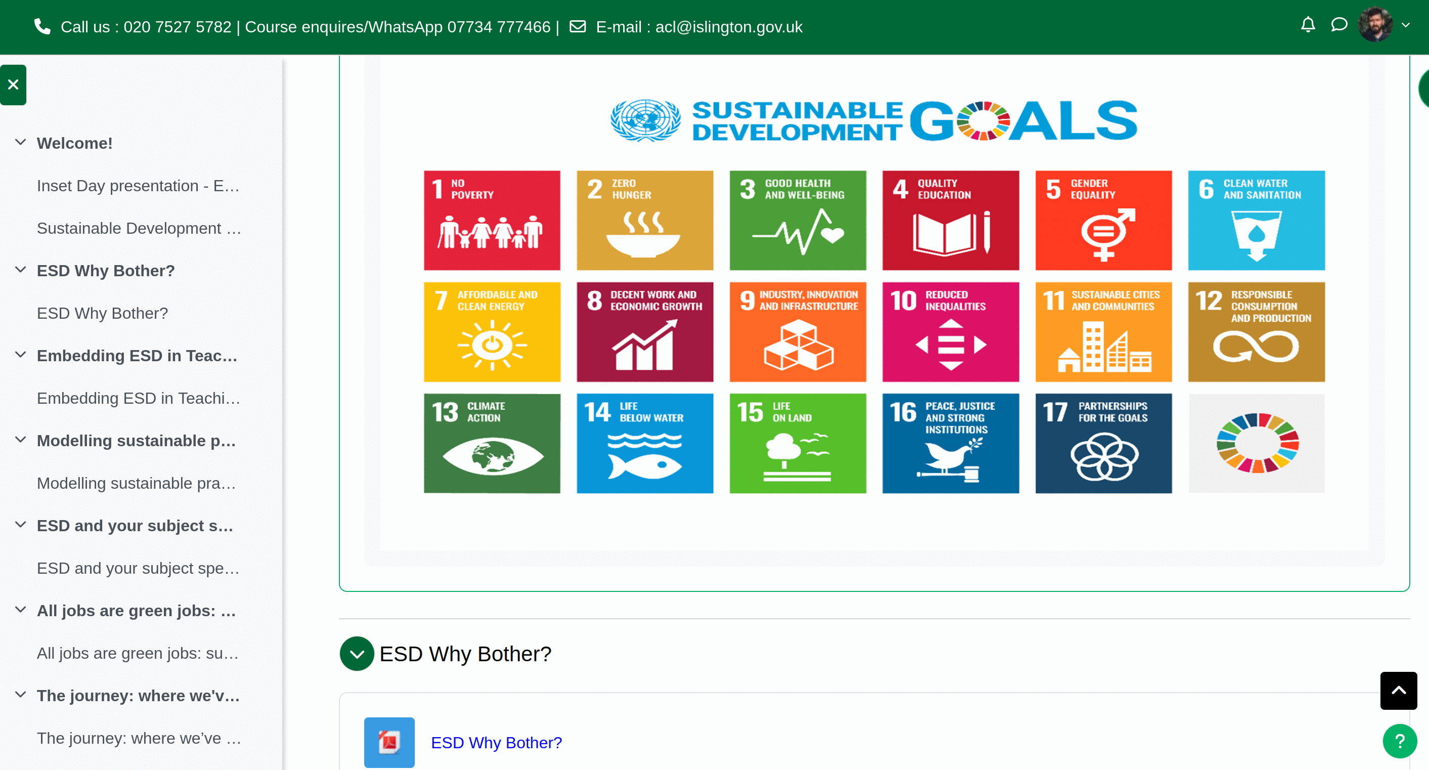 Moodle course page for an ESD module showing section navigation, Sustainable Development Goals imagery, and downloadable course materials within the Islington ACL site.