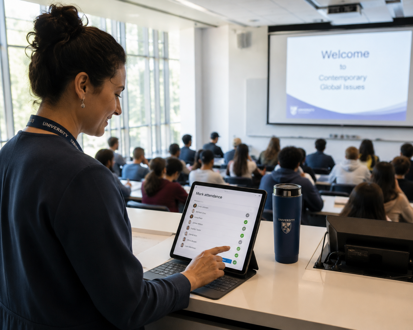 Lecturer or facilitator marking attendance digitally on a laptop or tablet near the front of a bright university teaching space.