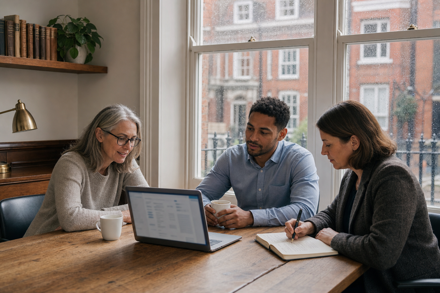 Three colleagues reviewing software together at a wooden meeting table beside a sash window, calm British office setting.