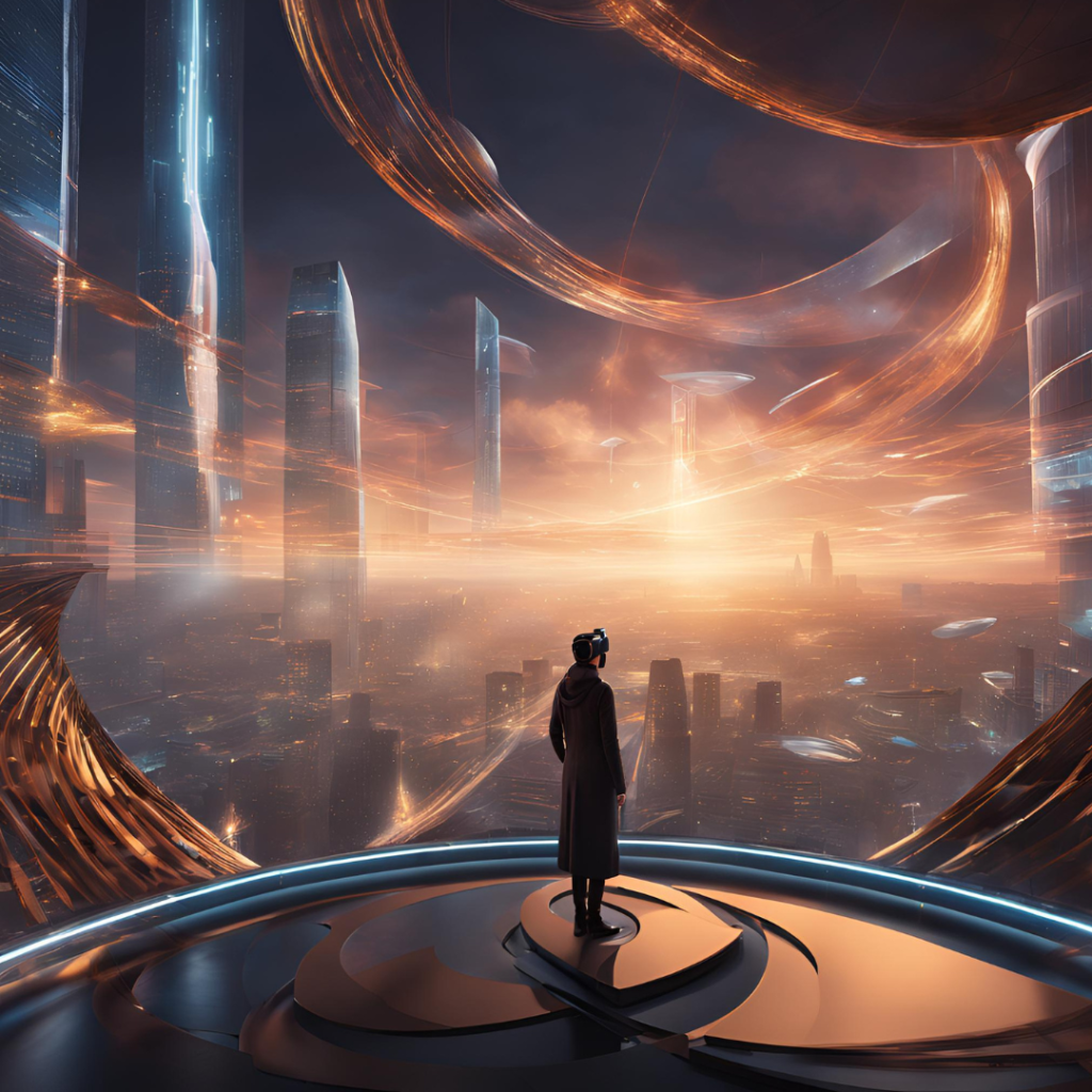 person standing out looking at a futuristic cityscape